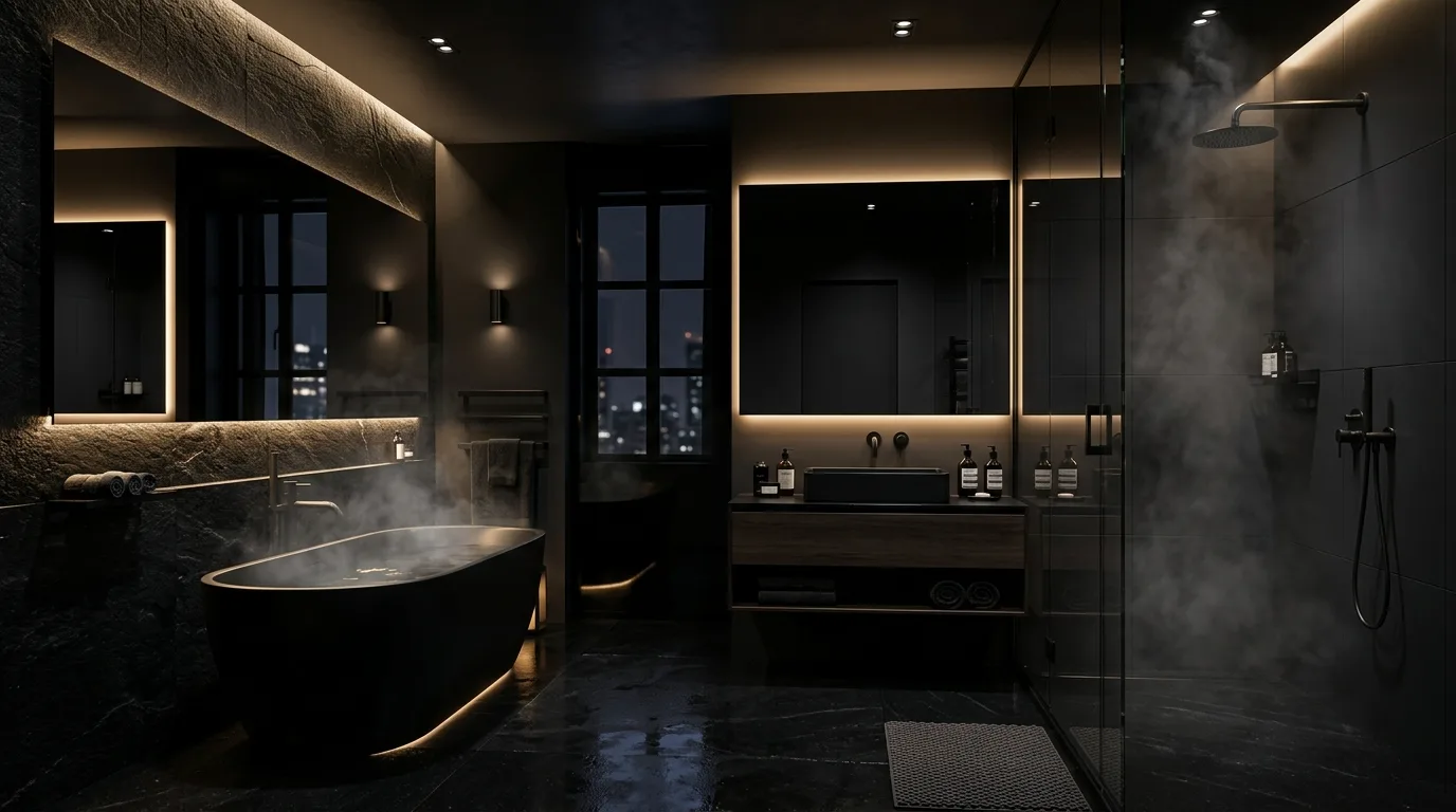 Lean into reflective drama and soft steam inspiration for a black bathroom.